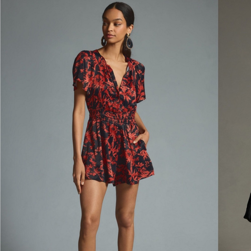 Anthropologie The Somerset Romper Red Black Floral 1-Piece‎ Anthro Size Large